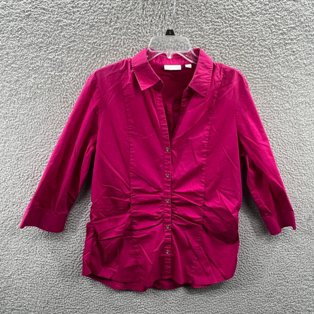 Women Capsule Blouse XL Fuchsia Ruched Waist Button Front Career Office Workwear